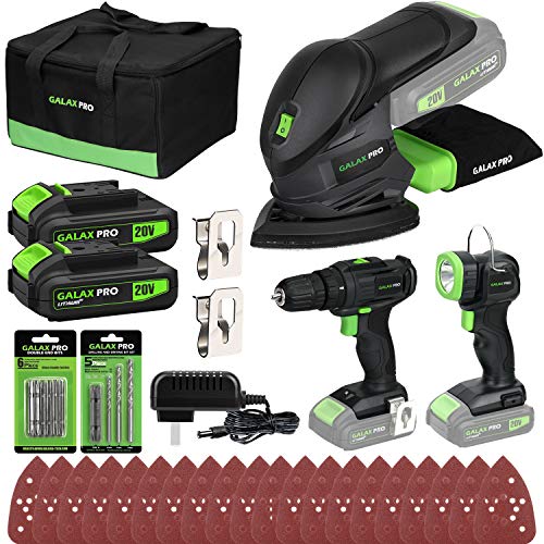 GALAX PRO Cordless DIY Power Tool Kit, Cordless Mouse Sander 12000OPM, 2-Speed Drill Driver 20V, Cordless Torch 110Lm, Battery Li-Ion 1.3Ah with Charger