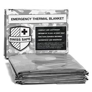 Swiss Safe Emergency Mylar Thermal Blankets (4-Pack) + Bonus Signature Gold Foil Space Blanket: Designed for NASA, Outdoors, Hiking, Survival, Marathons or First Aid (Arctic Camouflage)