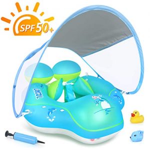 LAYCOL Baby Swimming Pool Float with Removable UPF 50+ UV Sun Protection Canopy,Toddler Inflatable Pool Float for Age of 3-36 Months,Swimming Trainer (Blue, L)
