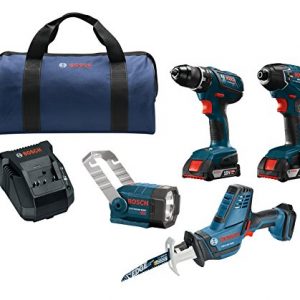 Bosch Power Tools Drill Set - CLPK232A-181 - 18V 4-Tool Combo Kit with 1/2 In. Drill/Driver, 1/4 In. Hex Impact Driver, Compact Reciprocating Saw and Flashlight