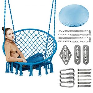 Greenstell Hammock Chair Macrame Swing with Hanging Kits, Hanging Cotton Rope Swing Chair, Comfortable Sturdy Hanging Chairs for Indoor, Outdoor, Home, Patio, Yard, Garden, 290LBS Capacity (Blue)