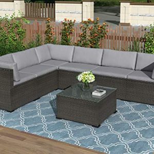 7-Piece Patio Furniture Set Outdoor Sectional Conversation Set with Soft Grey Cushions, Black