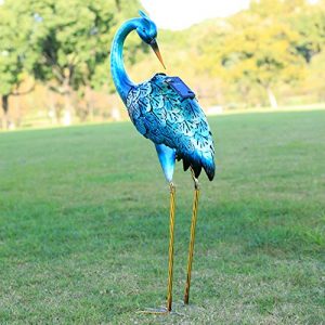 Kircust Crane Garden Statue, Blue Heron Decoy Metal Birds Yard Art with Solar Lights for Outdoor Pond Lawn Patio Decor,27.55’’ High