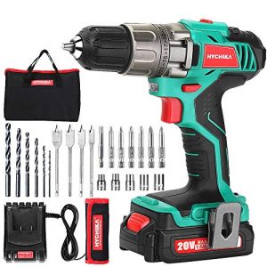 Cordless Drill Driver 20V, HYCHIKA Power Drill Set 330 In-lb Torque with 1500mAh Li-Ion Battery, 1H Fast Charging, 21+1 Clutch, 2 Variable Speed & Built-in LED for Drilling Wood, Metal and Plastic