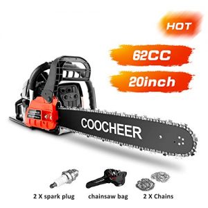 COOCHEER 62CC Gas Powered Chainsaw 20 Inch 2-Cycle Chainsaw Gasoline Chain Saw with 2 Chains, Carrying Case, Tool Kit