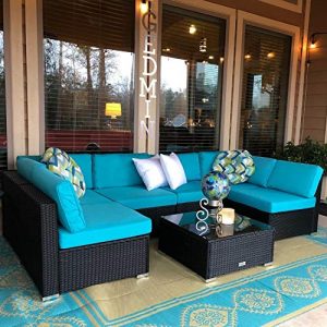 Peach Tree 7 PCs Outdoor Patio PE Rattan Wicker Sofa Sectional Furniture Set with 2 Pillows and Tea Table