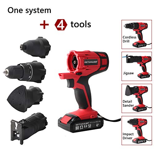 GETUHAND Cordless Tools Combo Kit with Case, 20V Lithium Ion Power Tools Combo Kit, 4-IN-1 Tool-3/8" Cordless Drill/Driver,1/4" Impact Driver, Jigsaw and Detail Sander