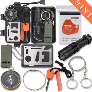 Emergency Survival Kit, Monoki 9-In-1 Compact Outdoor Survival Gear Kits Portable EDC Emergency Survival Tools Set with Gift Box for Camping Hiking Hunting Climbing Travelling or Wilderness Adventures
