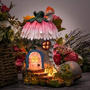 TERESA'S COLLECTIONS 8.8 Inch Garden Statues Fairy House - Boot, Solar Powered Garden Lights for Outdoor Patio Yard Decorations