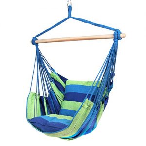 Blissun Hanging Hammock Chair, Hanging Swing Chair with Two Cushions, 34 Inch Wide Seat Blue & Green Stripes