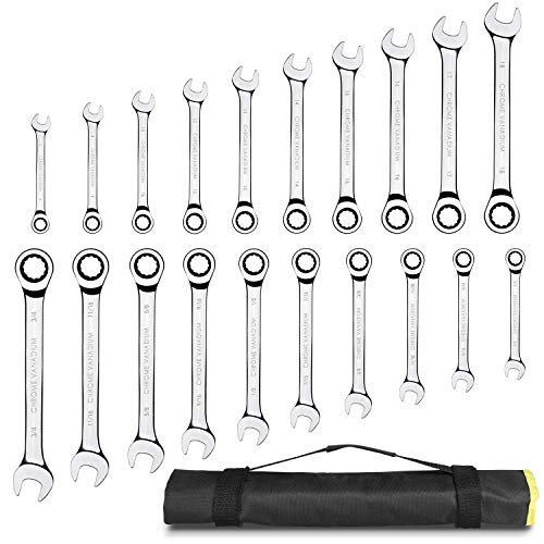 FIXKIT 20-Piece Ratcheting Wrench Set Ratchet Wrenches Set, Professional Superior Quality Chrome Vanadium Steel SAE & Metric Combination Ended Standard Kit with Portable Suspended Canvas Bag