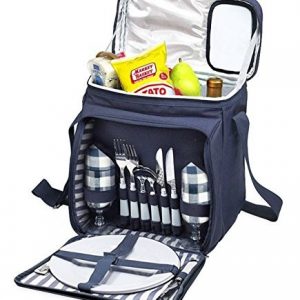 Blue Insulated Picnic Basket - Lunch Tote Cooler Backpack w/Flatware Two Place Setting