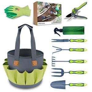 Hortem 9 PCS Garden Tools Set Include Outdoor Hand Tools,Garden Storage Bag, Bypass Pruners, Gardening Gloves, Watering Can, Gardening Tools Kits for Women Men