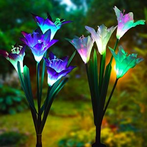 Outdoor Solar Garden Stake Lights - Doingart 2 Pack Solar Powered Lights with 8 Lily Flower, Multi-color Changing LED Solar Decorative Lights for Garden, Patio, Backyard (Purple and White)
