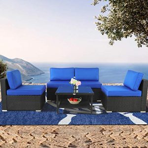 Outime Patio Furniture Rattan Sofa Black Wicker Couch Set Garden Outside Sectional Seating Home Furniture w/Coffee Table Royal Blue Cushion 5pcs
