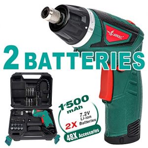 LANNERET 9N.m Cordless Electric Screwdriver-with 48 Accessories BMC Set,2Pcs Rechargeable 7.2V 1500mAh Li-ion Batteries,6+1 Torque Gears, Adjustable 2 Position Handle,and a Built-In LED Light