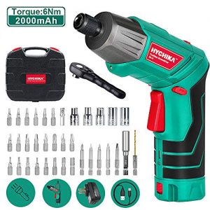 Cordless Screwdriver 6 N.m, HYCHIKA 3.6V 2.0Ah Electric Screwdriver, Front LED and Rear Flashlight, Ratchet Wrench, DC Charging with USB Cable, 36pcs Accessories, Carrying Box