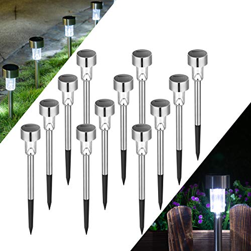 Solpex Solar Lights Outdoor Pathway,12 Pack Solar Walkway Lights Outdoor,Garden Led Lights for Landscape/Patio/Lawn/Yard/Driveway-Cold White (Stainless Steel)