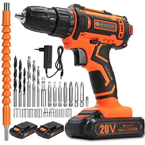 V VONTOX Cordless Drill/20V MAX Power Drill, 370 In-lb, 2x2000mAh Batteries, 1H Fast Charger, 3/8 inch Chuck, 2 Variable Speed, 18+1Torque Setting, with 24pcs Drill Bits Set