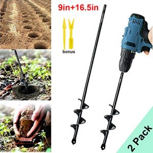 Garden Auger Drill Bit 1.6x9in & 1.6x16.5in Garden Auger Spiral Drill Bit Rapid Planter for 3/8” Hex Drive Drill - for Tulips, Iris, Bedding Plants and Digging Weeds Roots