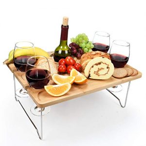 Tirrinia Outdoor Wine Picnic Table, Large Folding Portable Bamboo Snack & Cheese Tray with 4 Wine Glasses Holder for Concerts at Park, Beach, Ideal Wine Lover Gift