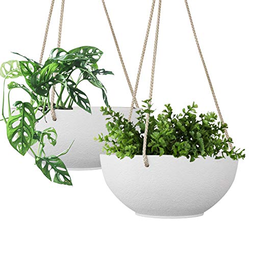 White Hanging Planter Basket - 8 Inch Indoor Outdoor Flower Pots, Plant Containers with Drainage Hole, Plant Pot for Hanging Plants, Pack 2
