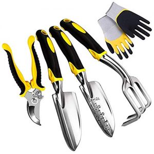 Number-one 5 Piece Garden Tool Set Including Transplanting Spade, Trowel, Cultivator, Pruner and Gardening Gloves, Gardening Tools Kit with Heavy Duty Cast-Aluminium Heads & Ergonomic Handles