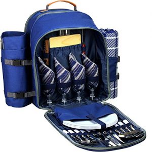 Picnic Backpack Set for 4 - Deluxe Collection | Picnic Set with Insulated Cooler Compartment, Fleece Blanket, Detachable Wine Holder, Cutlery Set for Family/Friends Camping, Road Trip, Hike, Adventure