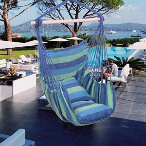 Chino Hanging Rope Hammock Chair Swing Seat, Cotton Canvas Hanging Chairs for Bedrooms, Porch Chair Outdoor with 2 Pillows (Blue)