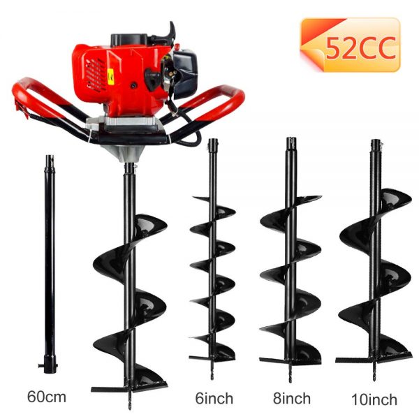 ECO LLC 52cc 2.4HP Gas Powered Post Hole Digger with 3 Earth Auger Drill Bit 6" & 8" & 10" and Extension Rod