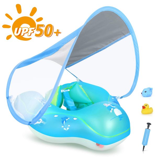 LAYCOL Baby Swimming Float Inflatable Baby Pool Float Ring Newest with Sun Protection Canopy,add Tail no flip Over for Age of 3-36 Months (Blue, L)