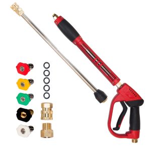 Hourleey High Pressure Washer Gun, Red Power Washer Gun with Replacement Wand Extension, 5 Nozzle Tips, M22 14mm to M22 15mm Fittings, M22 14mm to 1/4" Quick Connerctor, 40 Inch, 5000 PSI