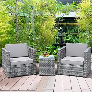 HAPPYGRILL 3-Pieces Patio Furniture Set PE Rattan Wicker Sofa Set with Cushion and Tempered Glass Tabletop, Outdoor Conversation Furniture for Garden Poolside Balcony