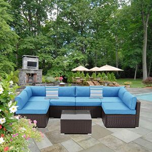 Outdoor Sectional 7-Piece Espresso Brown Wicker Sofa Patio Furniture Set w 2 Stripe Pillows, Denim Blue Cushions, Tempered Glass Table, Weatherproof Cover for Backyard