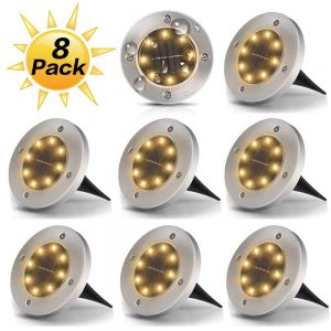 Solar Ground Lights, Disk Lights Waterproof in-Upgraded Outdoor Garden Waterproof Bright in-Ground Lights for Lawn Pathway Yard Driveway, with 8 LED (Warm White)