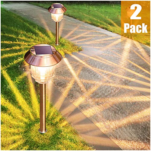 Solar Garden Lights Outdoor Pathway Lights Glass Stainless Steel Waterproof Solar Powered Landscape Lights for Yard Patio Lawn Path Walkway, Super Bright 12-32 Lumens, 2 Pack