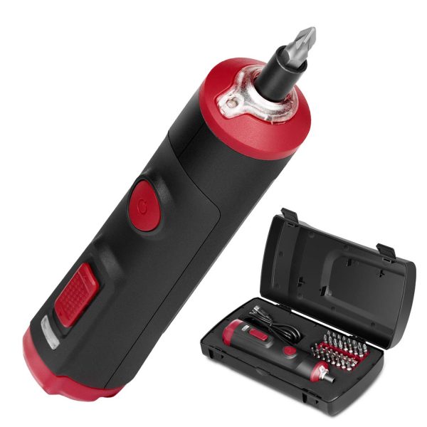 Eastvolt 4V Cordless Mini Electric Screwdriver, 1500mAh USB Rechargable Battery, 32 pieces 1/4 in HEX Screwdriver Bits+1 piece Extention Holder and Storage Toolbox, EVSD0401, Black + Red (J0Z-ZTH-4)