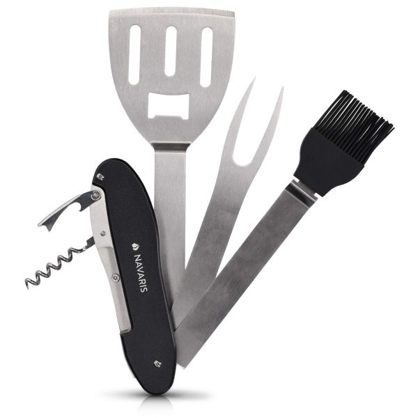 Navaris 5-in-1 BBQ Multitool - Folding Barbecue Grill Multi-Tool Set with Spatula, Fork, Silicone Brush, Corkscrew, Bottle Opener - Stainless Steel