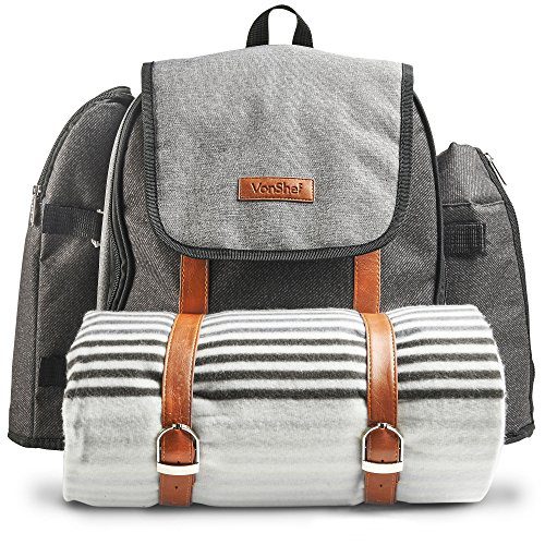 VonShef Picnic Backpack for 4 Person Outdoor Bag with Blanket – Woven Grey Waterproof Finish, Includes 29 Piece Dining Cutlery Set & Insulated Cooler Bag Compartment to Keep Food Chilled