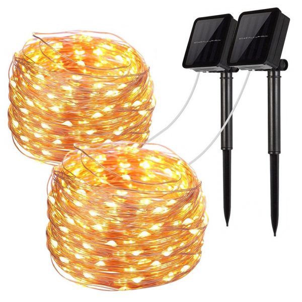 Solar String Lights, 2 Pack 100 LED Solar Fairy Lights 33 Feet 8 Modes Copper Wire Lights Waterproof Outdoor String Lights for Garden Patio Gate Yard Party Wedding Indoor Bedroom Warm White by LiyanQ