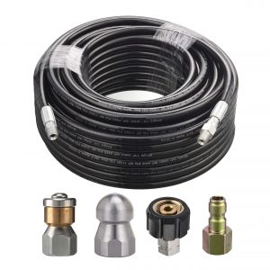 M MINGLE 150 Feet Sewer Jetter Kit for Pressure Washer, 1/4 Inch NPT, Drain Cleaning Hose, Button Nose and Rotating Sewer Jetting Nozzle, Orifice 4.0, 4.5, 4000 PSI