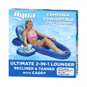 AQUA Campania Ultimate 2 in 1 Recliner & Tanner Pool Lounger with Adjustable Backrest and Caddy, Inflatable Pool Float, Teal Hibiscus