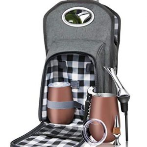Wine Tote Picnic 6 pc. Travel Set: Wine Bag | Rose Gold Vacuum Insulated Stemless Tumblers & Lids | Bottle Pourer & Aerator | Waiters Corkscrew Opener | Cork Stopper. The Perfect Wine Carrier Gift!