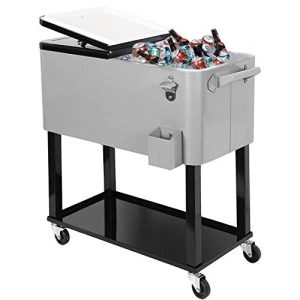 Clevr 80 Quart Qt Rolling Cooler Ice Chest for Outdoor Patio Deck Party, Grey, Portable Party Bar Cold Drink Beverage Cart Tub, Backyard Cooler Trolley on Wheels with Shelf, Stand, Bottle Opener
