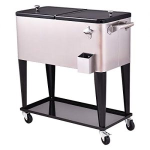 Giantex 80 Quart Patio Cooler Rolling Cooler Ice Chest with Shelf, Wheels and Bottle Opener, Stainless Steel Ice Chest Portable Patio Party Drink Cooling Cart Beverage Cooler Cart (Black & Sliver)