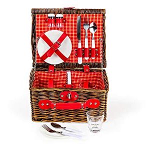 Lexi Home Wicker Picnic Basket for 2 or 4 | Picnic Set with Serveware | Picnic Kit with Reusable Plates, Cups, and Utensils | Picnic Gift Set (Red & White Plaid/2 Person)