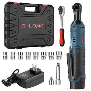 S-LONG 3/8" Cordless Ratchet Wrench 12V Power Electric Wrench Driver with 10 Sockets 2000mAh Lithium-Ion Battery and Charger
