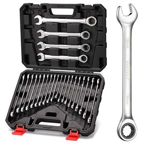 RAMTOOLS 24-Piece Ratchet Wrenches Chrome Vanadium Steel Ratcheting Wrench Set with Metric and SAE 72-Tooth Box End and Open End Standard Wrench Set with Organizer Box