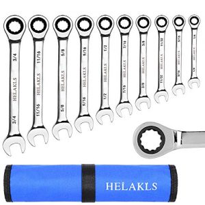 HELAKLS 10-Piece 1/4-3/4 Inch Ratchet Wrench Set Chrome Vanadium Steel SAE Combination Box Open Ended Standard Kit Tool for Mechanic with Portable Suspended Canvas Bag