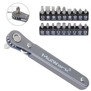 MulWark 20pc 1/4 Ultra Low Profile Mini Ratchet Wrench Close Quarters Screwdriver Set with High Torque - Right Angle EDC Tool with 90 Degree Mini Offset Reversible Drive Handle & Multi Hex Bits Set